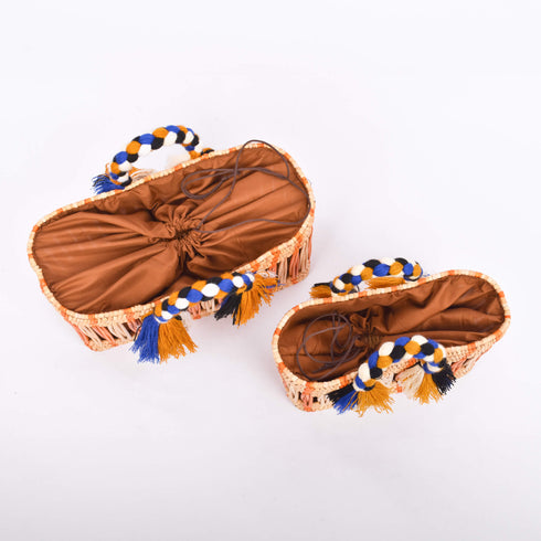 Handwoven Moroccan Reed Basket with Orange Stripe